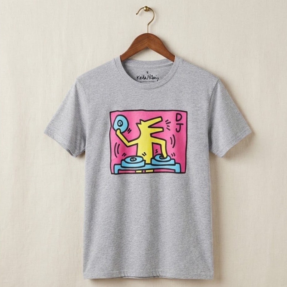 Keith Haring DJ Dog Graphic T-Shirt Mens Large Heather Pop Art Tee Short Sleeve